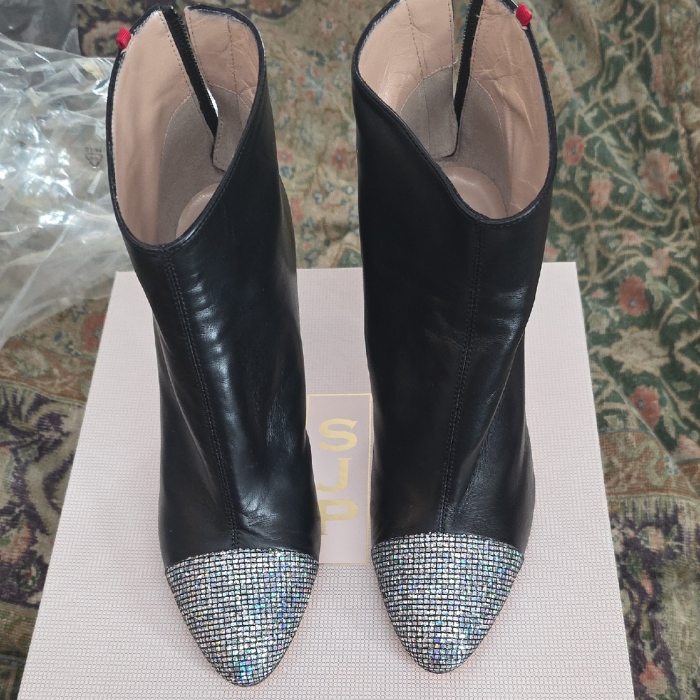 SJP by Sarah Jessica Parker Black Ankle Boots with Silver Toe